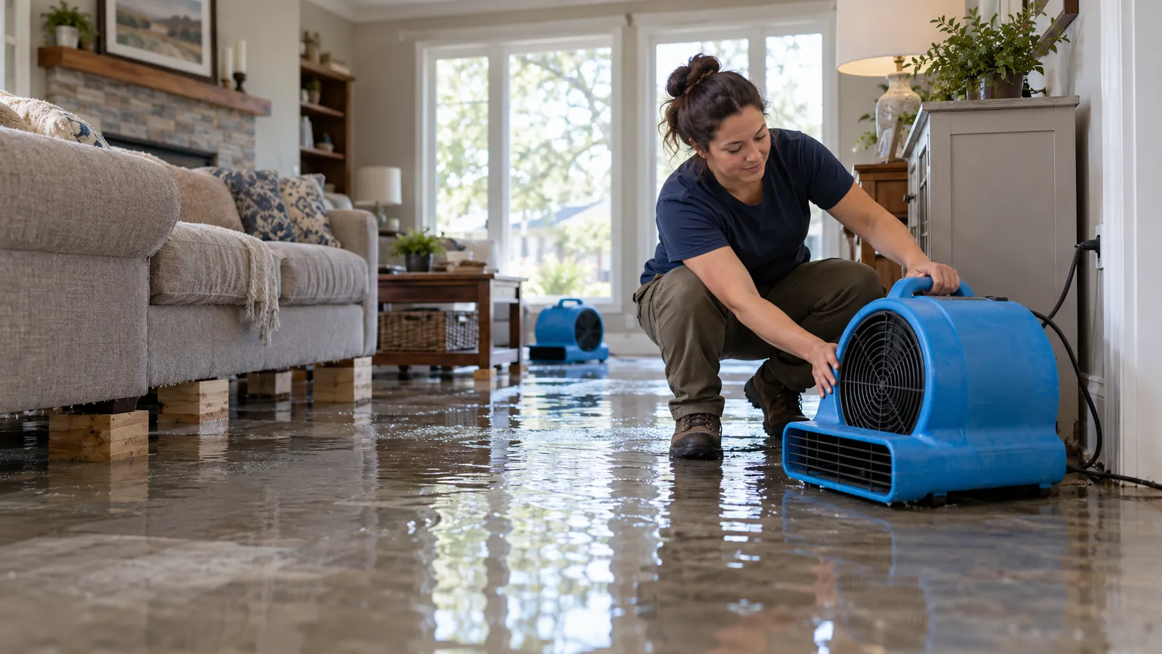 Water damage restoration technician drying a flooded living room in Oxnard